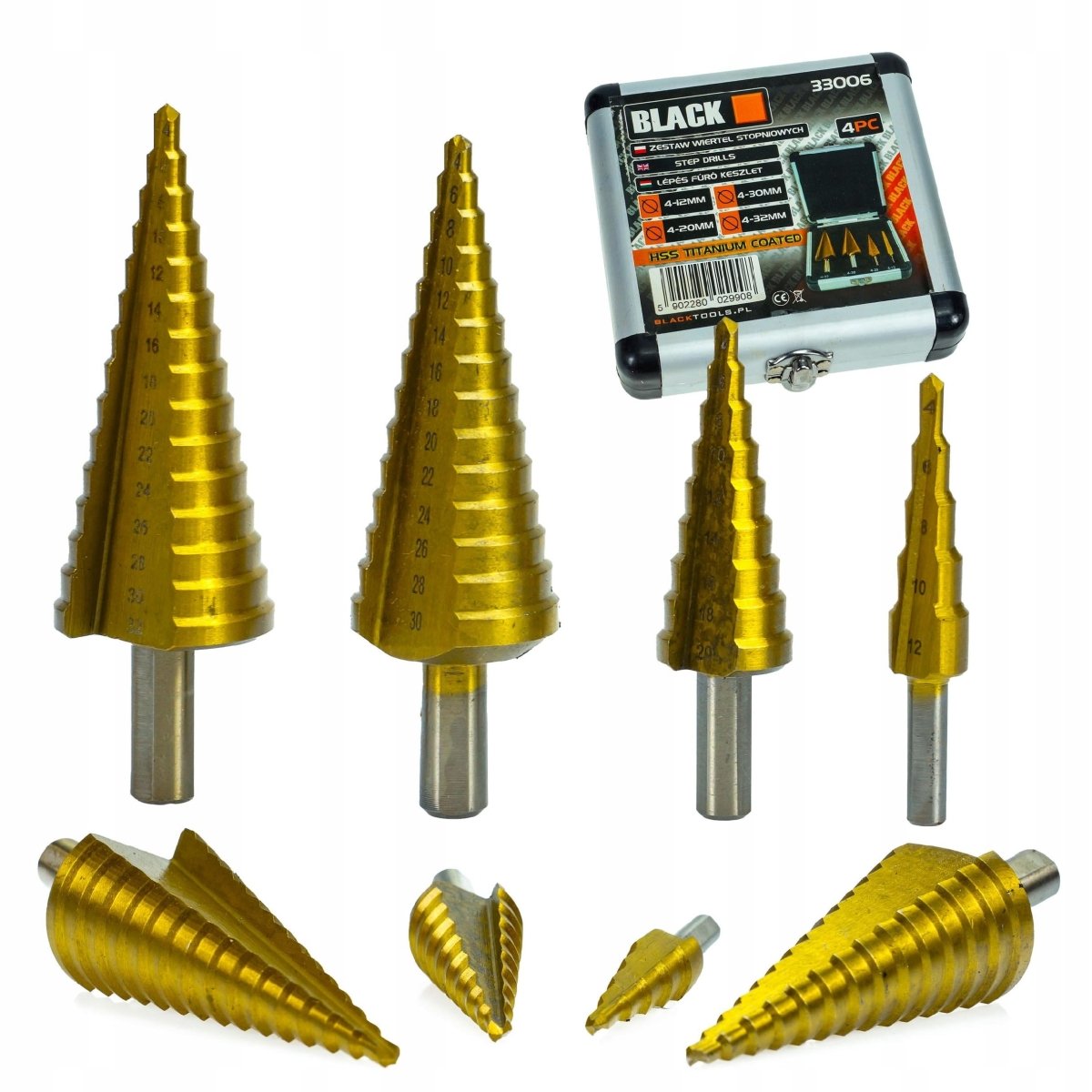 Astmepuuride komplekt 4 tk HSS TiN 4–32 mm – koonuspuurid metallile/plastikule, karbis – 33006 - Ostuklikk